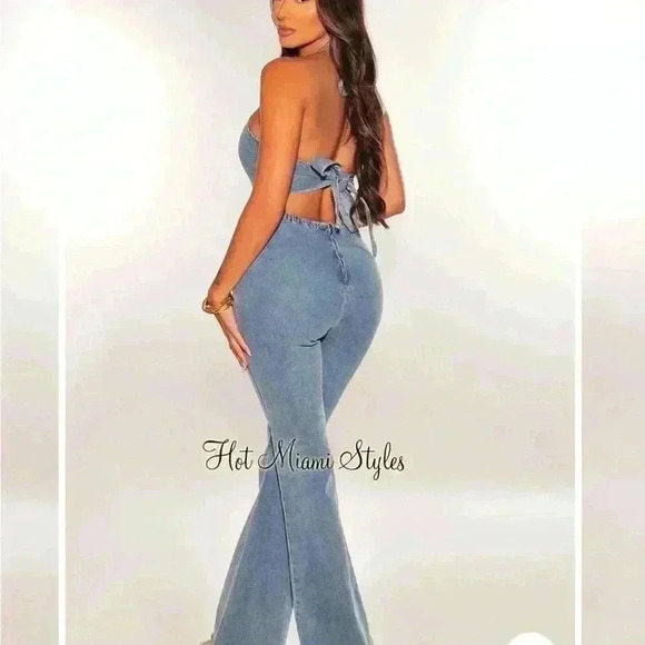 DENIM HALTER KEYHOLE BELL BOTTOM JUMPSUIT - Picture 2 of 2